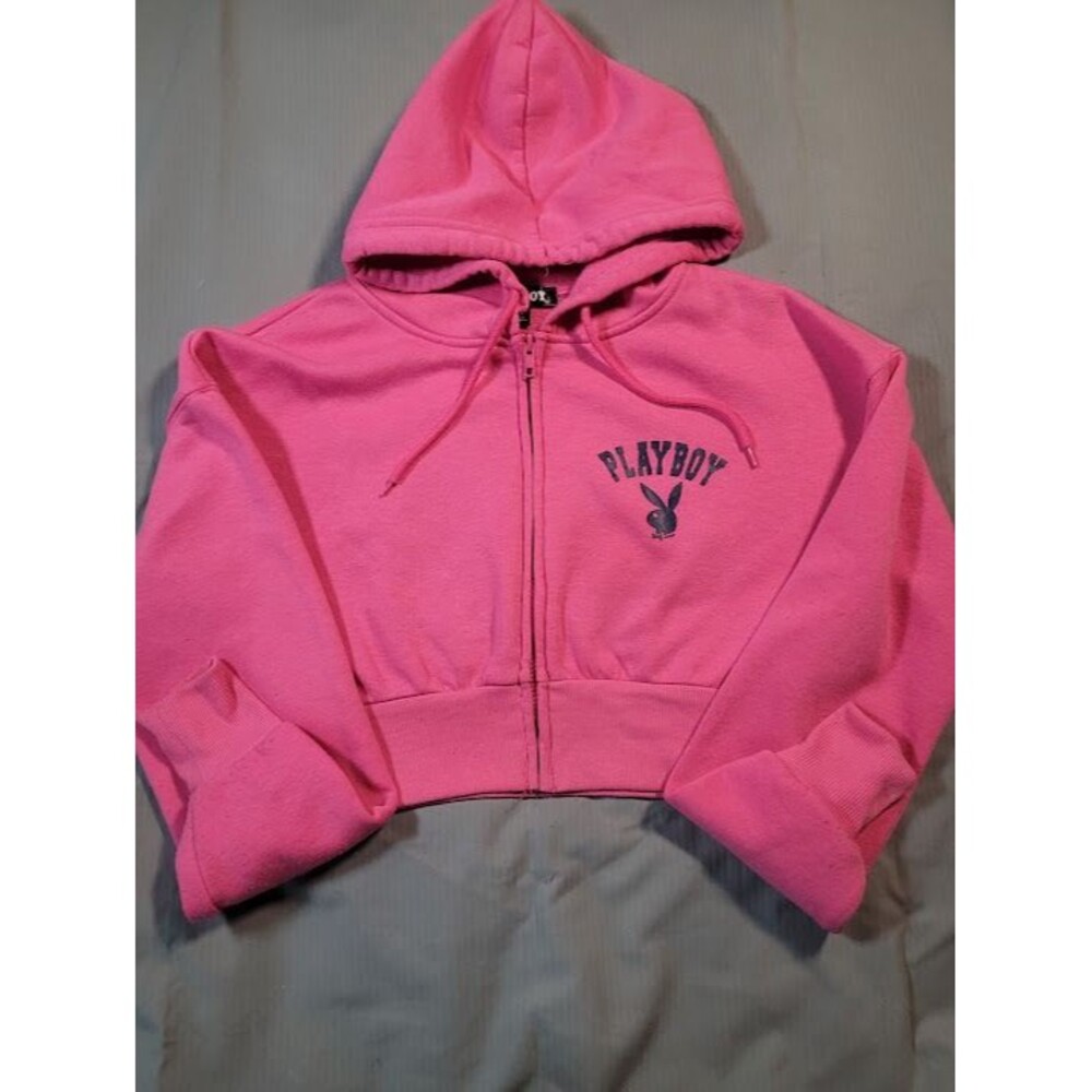 PLAYBOY Sport Club Cropped Full Zip Hoodie – Pink, Size S.. #-Q